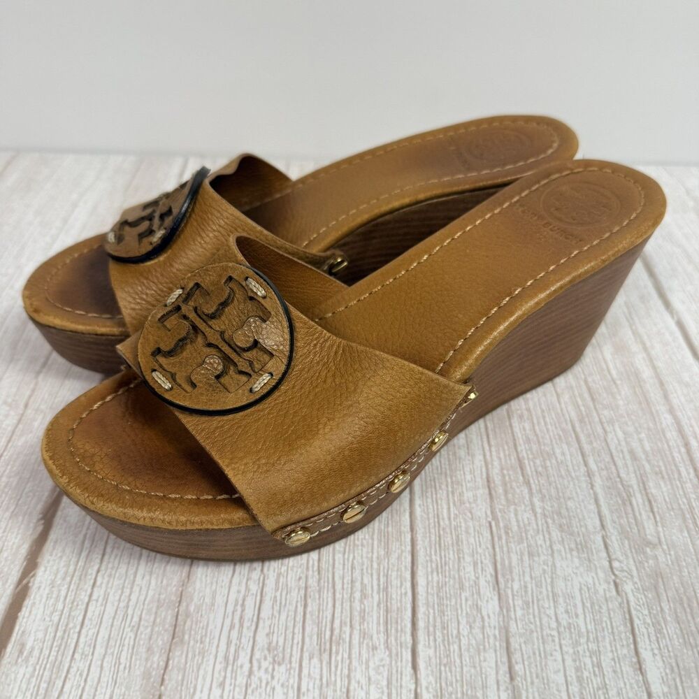 Tory Burch 7.5 Patti Brown Leather Wedge Sandal Logo Slide Gold Stud Platform
